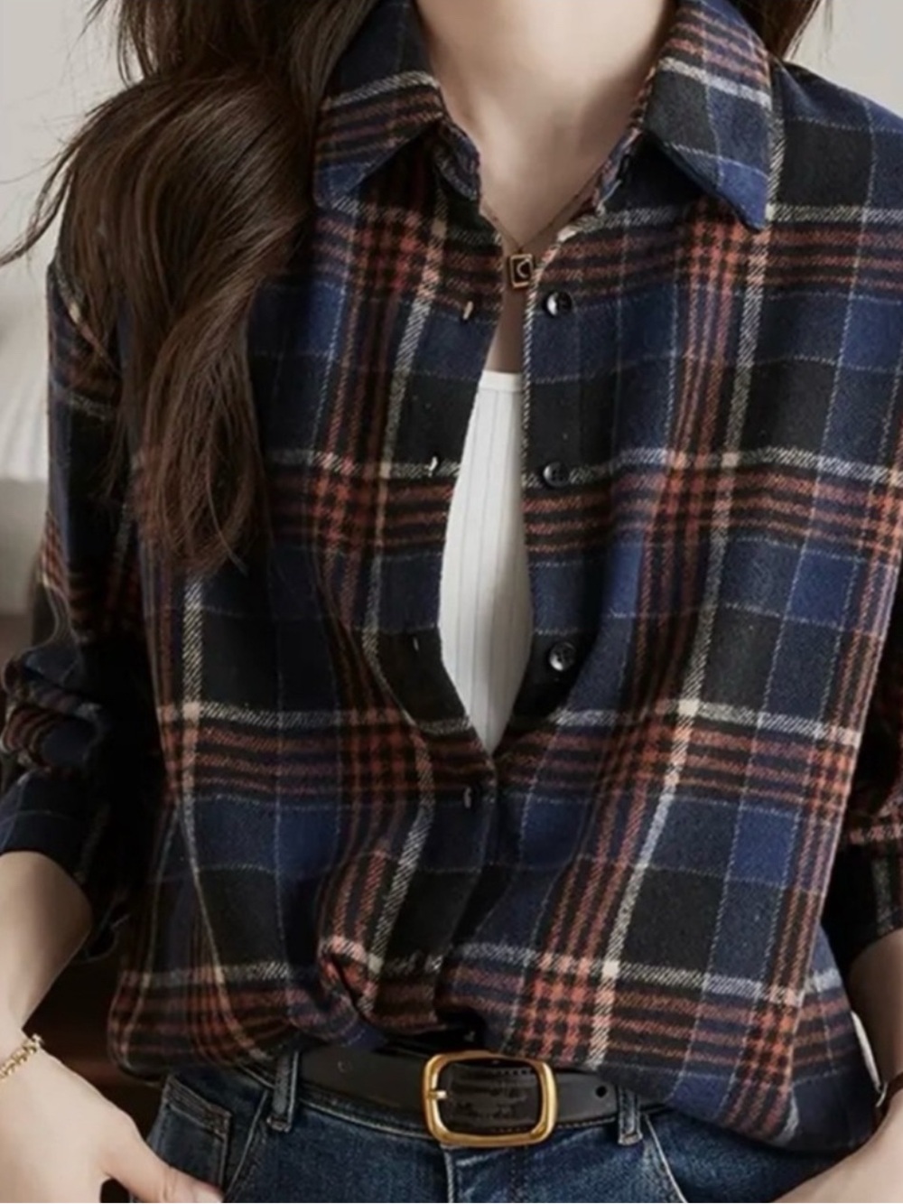 Soft Navy Rust Plaid Flannel Shirt Women’s XL Button Front Fall Layering Top